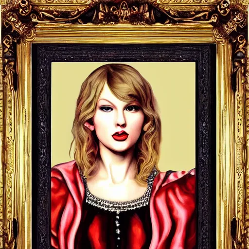 Image similar to baroque style painting of taylor swift, portrait, symmetrical features, perfect,