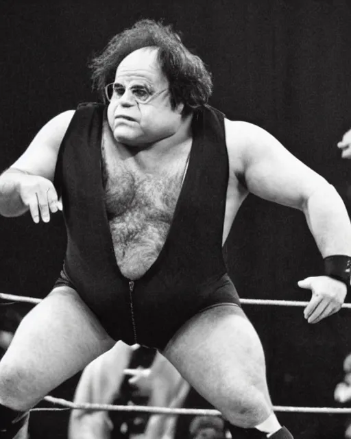 Image similar to portrait of danny devito as a professional wrestler. photographic, photography