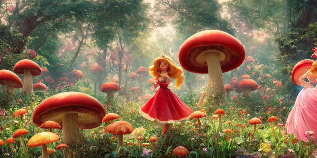 Prompt: princess peach roaming through a landscape, Mushroom Kingdom, Super Mario Theme, giant red and white spotted mushrooms, by Stanley Artgerm Lau , greg rutkowski, thomas kindkade, alphonse mucha, loish, norman Rockwell
