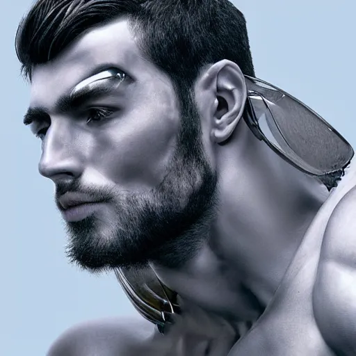 Image similar to “a realistic detailed photo of a guy who is an attractive humanoid who is half robot and half humanoid, who is a male android, shiny skin, muscular, beard and chiseled jawline,”