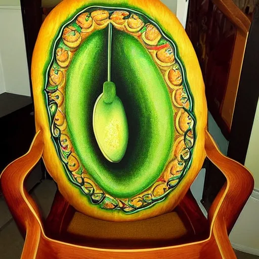 Prompt: an armchair in the shape of an avocado painting in the style of alex grey