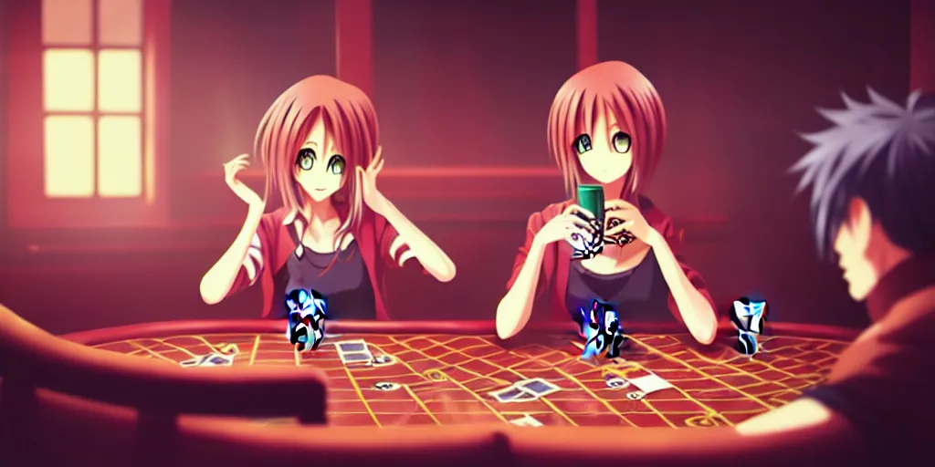 Prompt: anime character playing poker and drinking in a cozy bar, volumetric lighting, hyper real, pencil art, moody lighting, cute, comfy