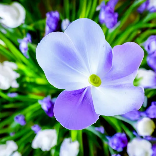 Image similar to cool blue perfume on a white surface surrounded by a plethora of cool blue and lavendar flowers and green stems, bright white realistic, up close shot, white background, zen, light, modern minimalist f 2 0