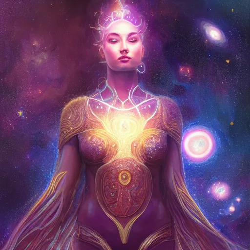 Image similar to Portrait of a cosmic goddess, suit made of stars, galaxy and nebulas, intricate, cinematic lighting, highly detailed, digital painting, artstation, concept art, smooth, sharp focus, illustration, art by Artgerm and Greg Rutkowski