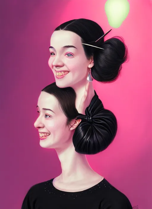 Image similar to portrait of high school girl, realistic, black hair, bangs, half updo hairstyle, pointy nose, skinny, smile, ugly, defined jawline, big chin, pink hair bow, earrings, intricate, elegant, glowing lights, highly detailed, digital painting, artstation, sharp focus, illustration, art by wlop, mars ravelo and greg rutkowski