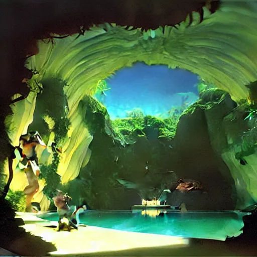 Image similar to a tropical cave that renovate as a luxury interior by syd mead, frank frazetta, ken kelly, simon bisley, richard corben, william - adolphe bouguereau w 1 0 2 4