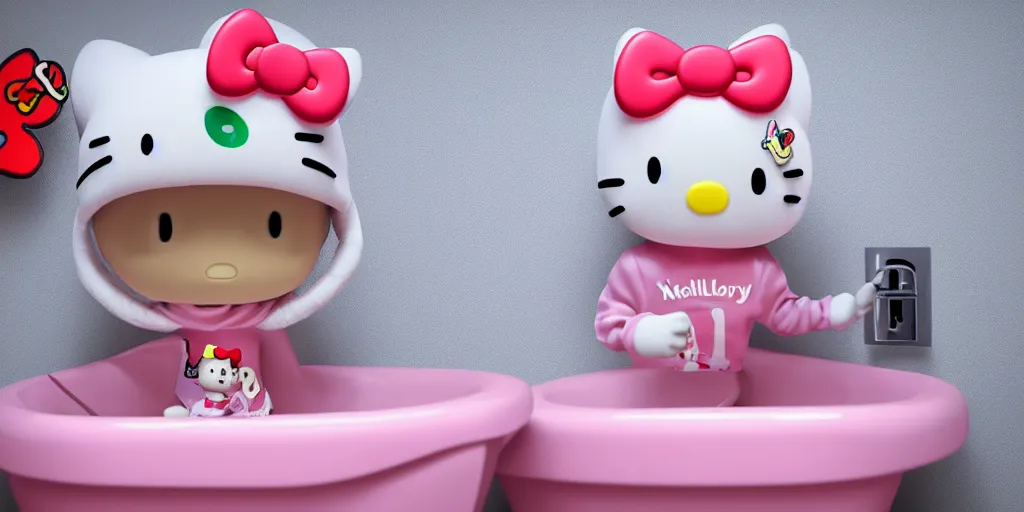 Image similar to picture of emmanuel macron dressed in a hello kitty kigurumi on a toilet, photorealistic, higly detailed, 8 k
