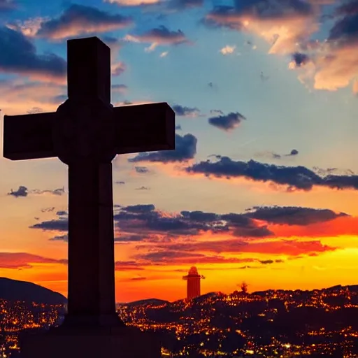 Prompt: millennium cross at sunset in skopje, glowing cross with a halo, twilight and nighttime composition, photograph, atmospheric, perfect lighting, highly detailed