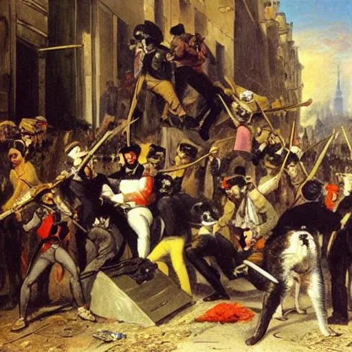 Image similar to Cat revolutionaries in various costumes on a barricade in Paris, 1848, oil on canvas, by Delacroix, 8k