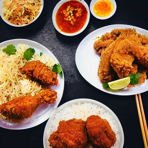 Image similar to fried chicken, sticky rice, papaya salad, thai street food, advertisement, banner “