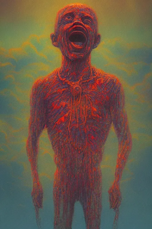 Prompt: Indigenous Happy smile portrait inspired in beksinski and dan mumford work, remixed with Simon Stalenhag work, sitting on the cosmic cloudscape