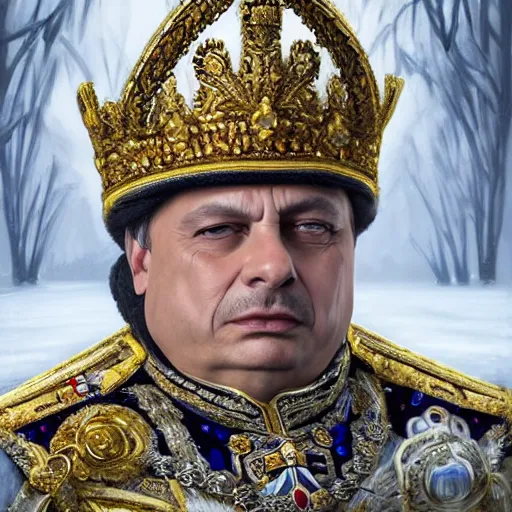 Prompt: an extremely realistic portrait depicting the coronation of viktor orban dressed in royal national costume, on the frozen danube, detailed, intricate, elegant, highly detailed, hyper realistic face, digital painting, artstation, concept art, smooth, sharp focus, illustration,