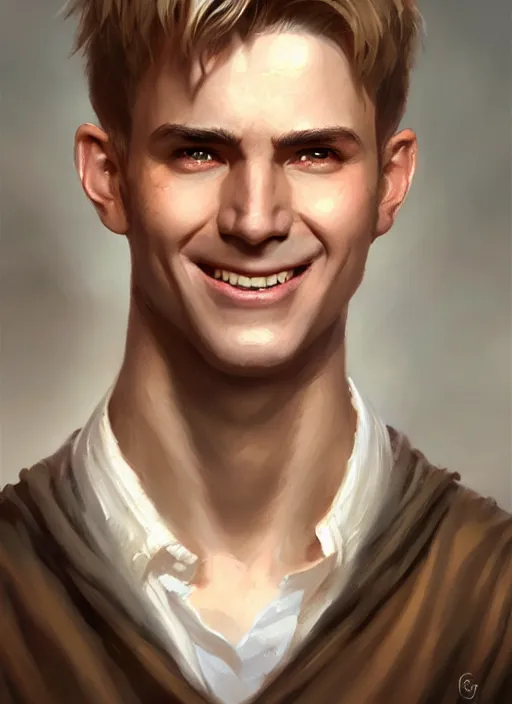 Prompt: a _ fantasy _ style _ portrait _ painting _ of white male short fringe light brown hair short face grinning clean shaven short head, rpg dnd oil _ painting _ unreal _ 5 _ daz. _ rpg _ portrait _ extremely _ detailed _ artgerm _ greg _ rutkowski _ greg