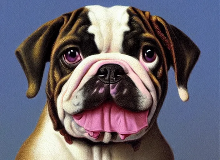 Prompt: baroque rococo painting The Fancy Royal Bulldog portrait Greg Hildebrandt high detail cute puppy pastel