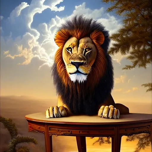 Image similar to a lion sitting an antique table, a detailed matte painting by vladimir kush, cgsociety, furry art, airbrush art, detailed painting, matte painting