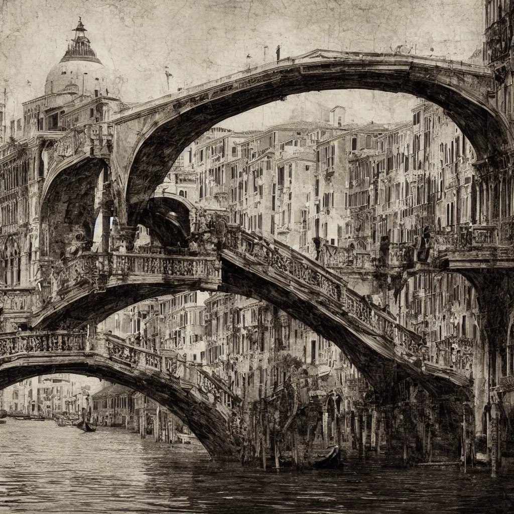 Image similar to venice bridges by piranesi, composition, cinematic, rule, grid