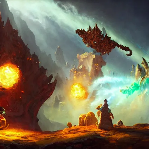 Image similar to a glowing metal rock, magic smoke, small creatures in the background, hearthstone art style, epic fantasy style art by Craig Mullins, fantasy epic digital art, epic fantasy card game art by Greg Rutkowski