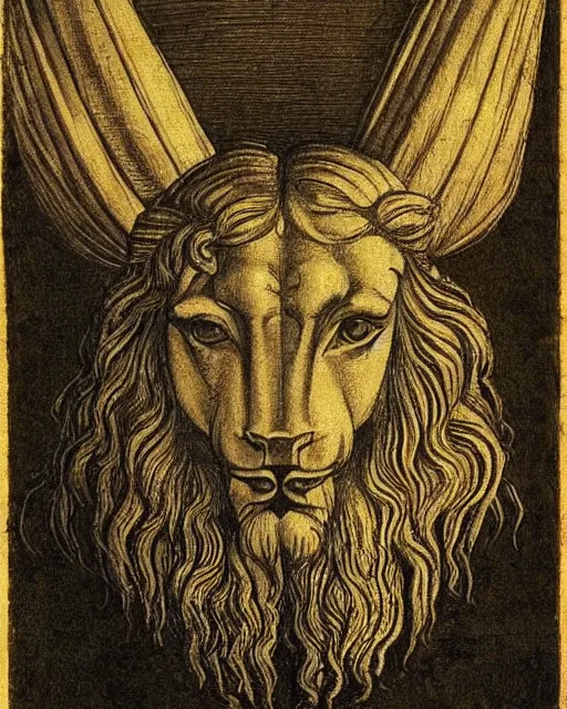 Prompt: four faces in one creature, jesus face, eagle beak, lion mane, two large horns on the head, drawn by da vinci. symmetrical