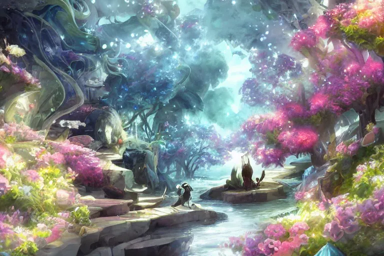 Image similar to scenes, dynamic composition, motion, ultra - detailed, incredibly detailed, a lot of details, amazing fine details and brush strokes, colorful and grayish palette, smooth, hd semirealistic anime cg concept art digital painting, watercolor oil painting of sea of flowers, in style of cytus and deemo, blue flame, relaxing, calm and mysterious vibes