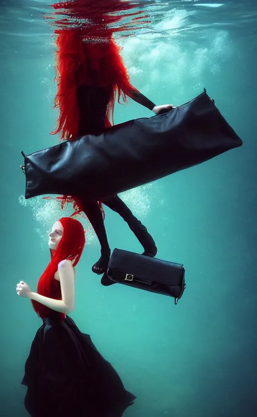 Prompt: portrait of a girl with long red hair in a black dress, under water, very beautiful style, girl wrapped in leather salafan bag black, photorealism george copeland ault