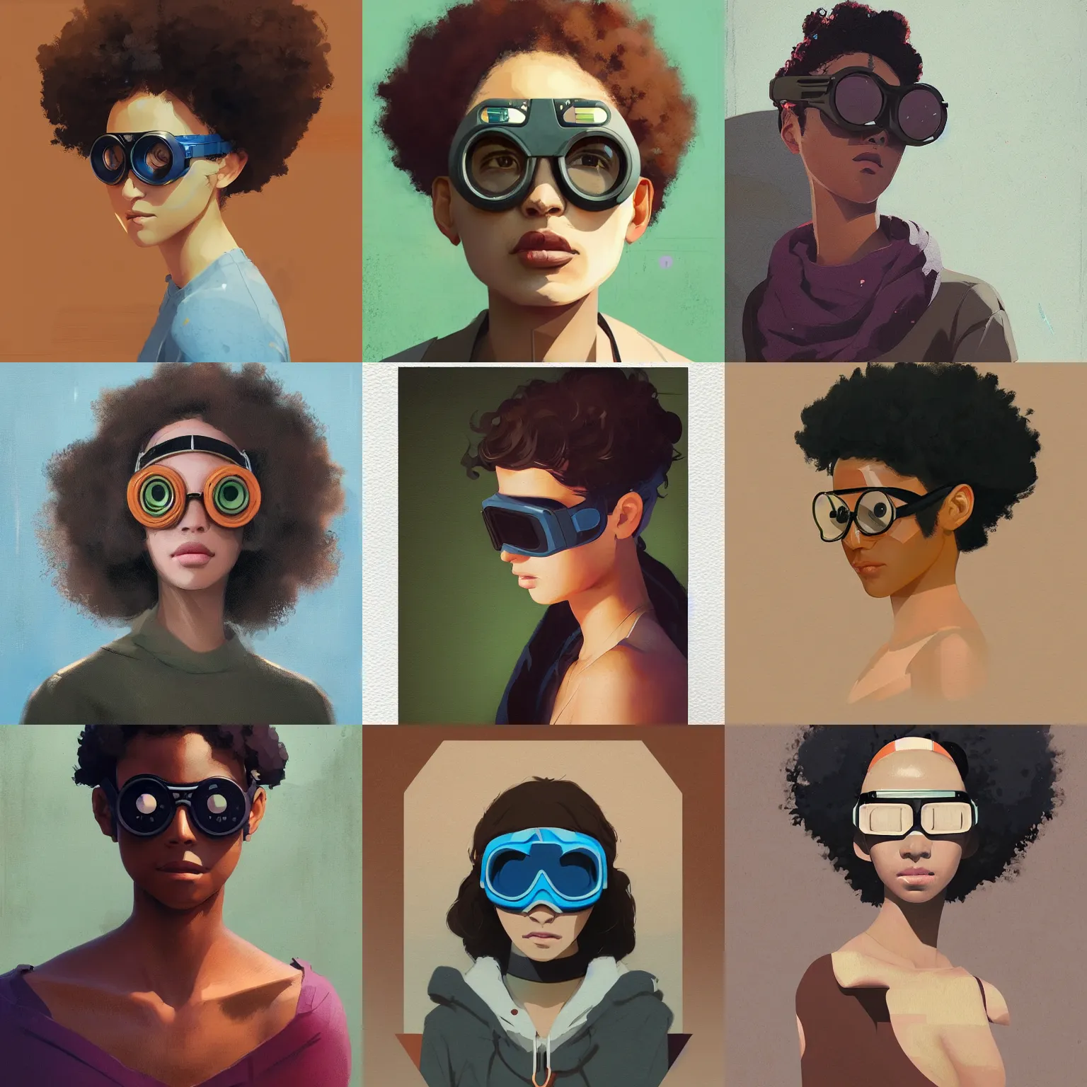 Image similar to Beautiful woman wearing goggles profile picture by Greg Rutkowski, brown skin, afro hair, asymmetrical, studio ghibli, Organic Painting , Matte Painting, geometric shapes, hard edges, street art, trending on the artstation, realistic by Sachin Teng,