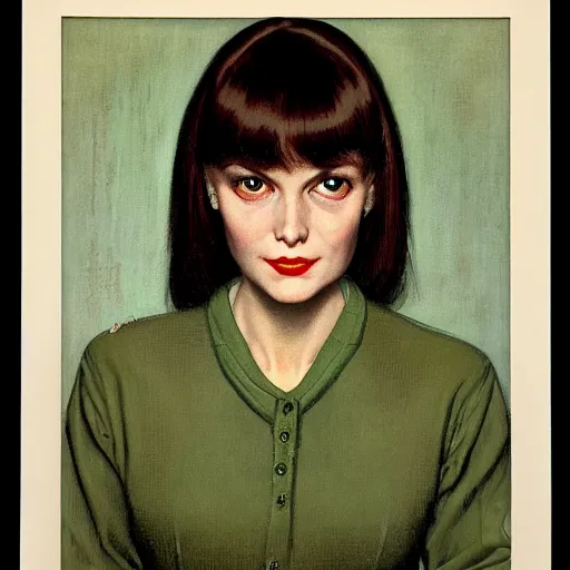 Image similar to portrait of a woman with straight bangs, green eyes, and a sweater over a shirt and tie, by gerald brom and norman rockwell.
