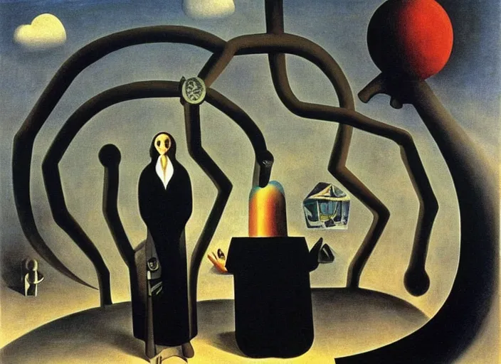Prompt: maddening forbidden knowledge paranoia from a strange machine by leonora carrington and rene magritte and salvadore dali