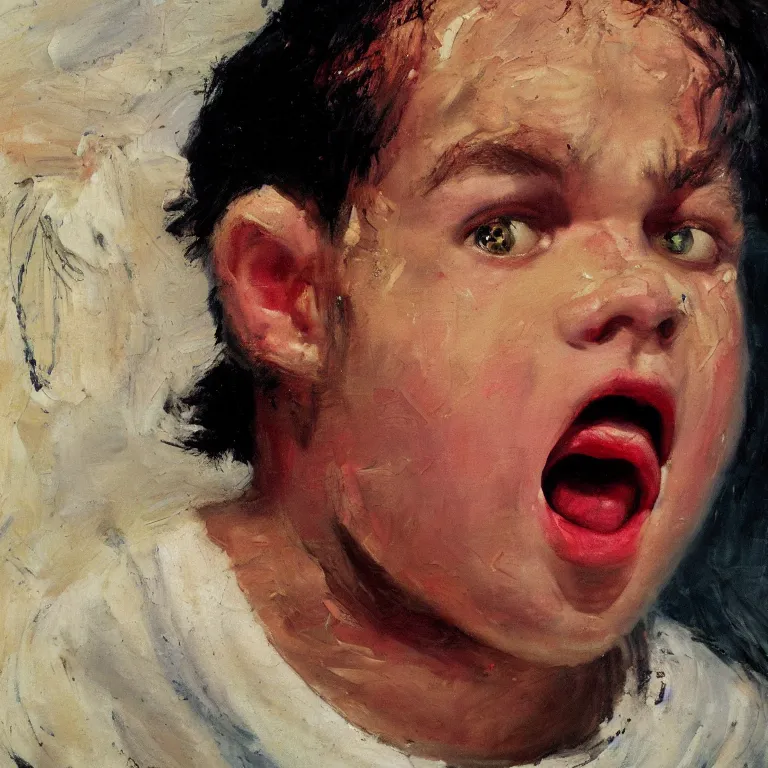 Image similar to warmly lit close up studio portrait of young angry! teenage George Costanza angrily singing, impasto oil painting thick brushstrokes by Cy Twombly and Anselm Kiefer , trending on artstation dramatic lighting Expressionism