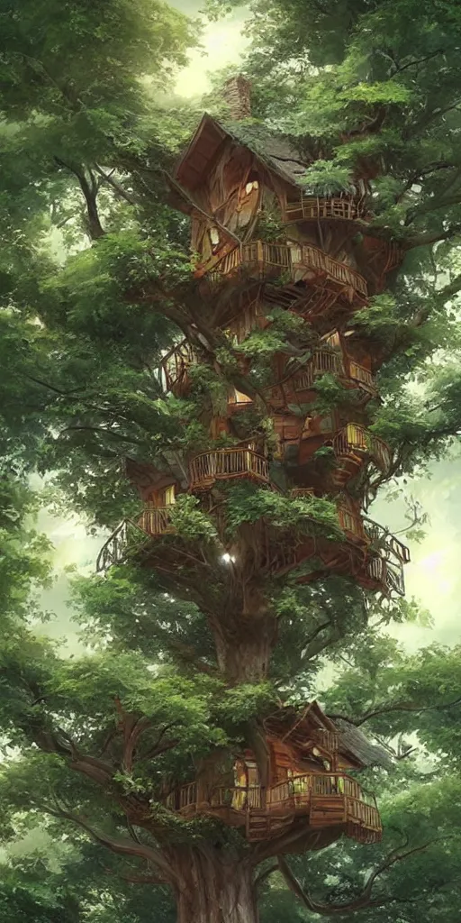 Prompt: beautiful tree house in a tall tree with long vine hanging from the house, surrounded by lush trees, sharp focus, highly detailed, artgerm, cgsociety