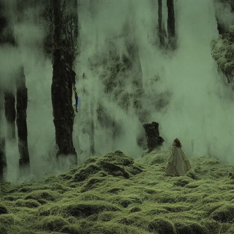 Prompt: bright and moody 1 9 7 0's artistic technicolor spaghetti western film, a large huge group of women in a giant billowing wide long flowing waving shining bright white dresses made of white smoke, standing inside a green mossy irish rocky scenic landscape, volumetric lighting, backlit, moody, atmospheric, fog, extremely windy, soft focus