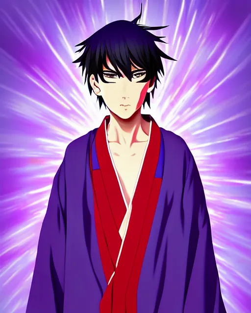 Prompt: anime style, vivid, expressive, full body, 4 k, painting, a young teenager boy with straight indigo hair, purple eyes with red eye markers, slim body, wearing a detailed japanese kimono. stunning, realistic light and shadow effects, centered, simple background, studio ghibly makoto shinkai yuji yamaguchi