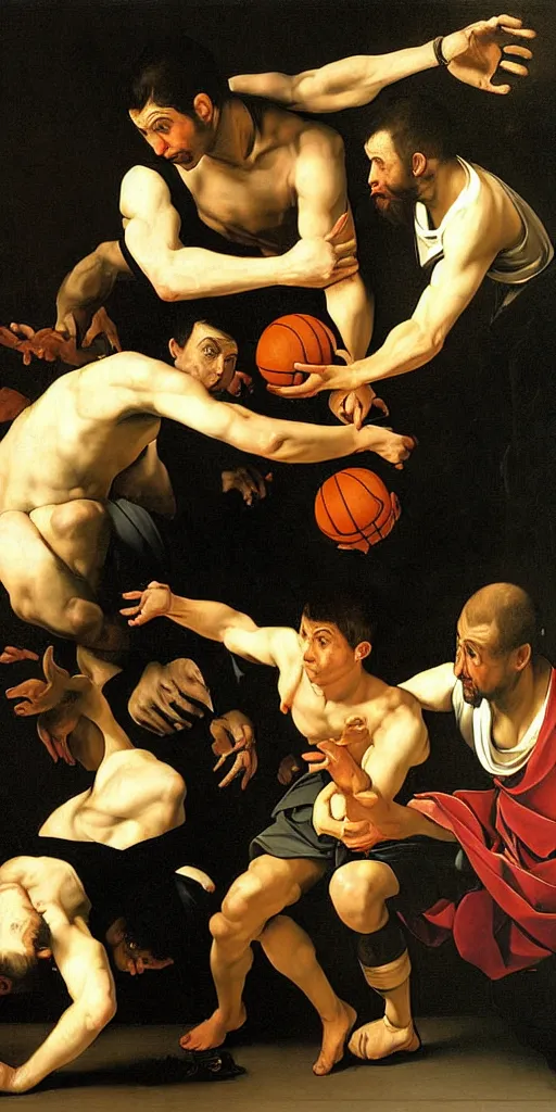 Image similar to beautifully detailed baroque oil painting of a one-on-one basketball game in prison by caravaggio