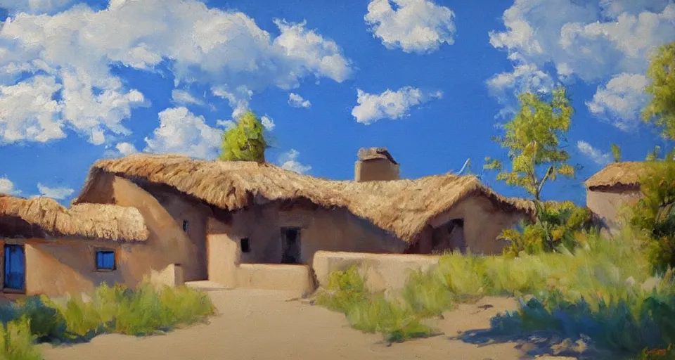 Image similar to an expensive adobe house, blue sky with clouds, beautiful painting, oil on canvas, by ewa czarniecka, award winning masterpiece,