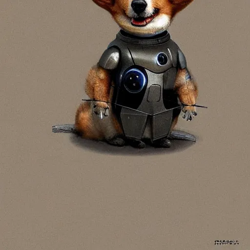 Image similar to a cute happy corgi robot by alfred stevens, detailed, intricate, cyberpunk, cinematic, breathtaking