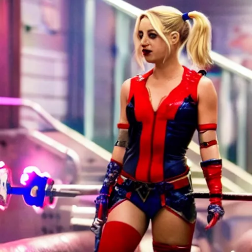 Image similar to A still of Kaley Cuoco as Harley Quinn