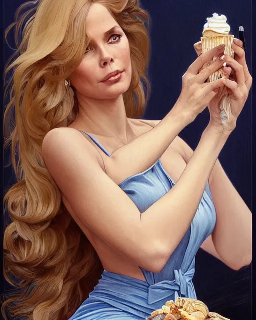 Image similar to portrait of a blonde fuller figured barbara bach from the bond film wearing a dark blue jumpsuit and eating ice creams in porto, real life skin, intricate, elegant, highly detailed, artstation, concept art, smooth, sharp focus, art by artgerm and greg rutkowski and alphonse mucha