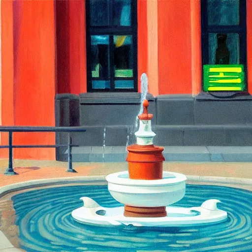 Image similar to a fine art painting of the penguin from planet coaster in a water fountain in the style of edward hopper and wes anderson.