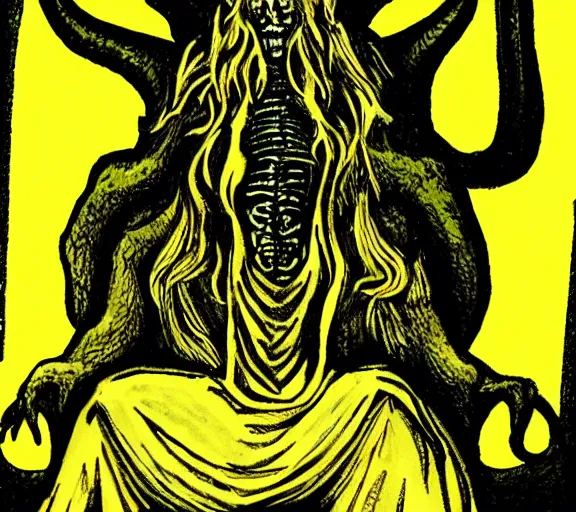 Image similar to eldritch king in yellow on his occult throne by mike winkelman