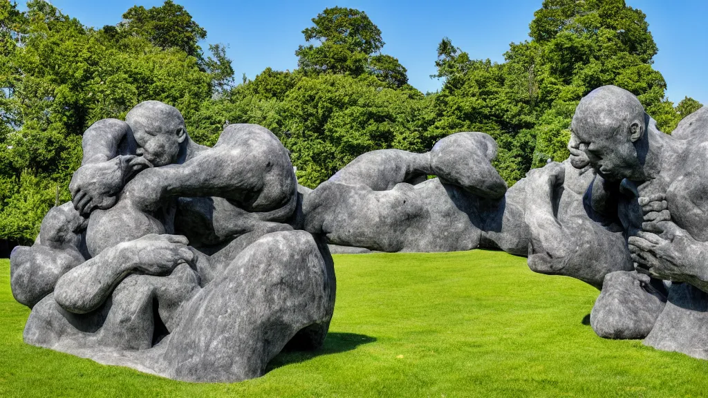 Prompt: a colossal impossible granite sculpture garden by michelangelo and henry moore and david cerny, on a green lawn, distant mountains, 8 k, dslr camera, the merely beautiful bore me to death, award winning