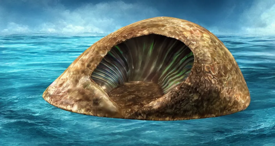 Image similar to giant abalone - shaped seashell house in the ocean, cell shaded, concept art, 3 d