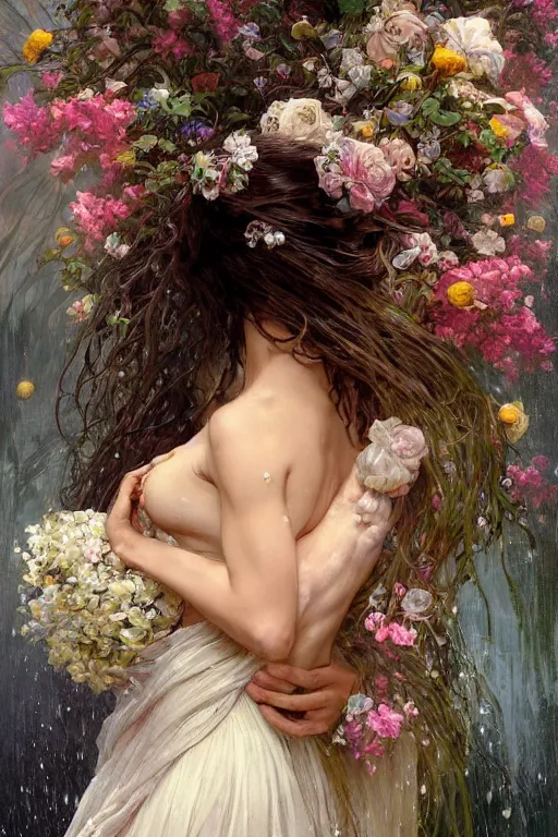 Image similar to portrait of a beautiful mysterious woman holding a bouquet of flowing flowers, wet dripping long hair, hands hidden under the bouquet, emerging from the water, fantasy, regal, intricate, by stanley artgerm lau, greg rutkowski, thomas kindkade, alphonse mucha, loish, norman rockwell