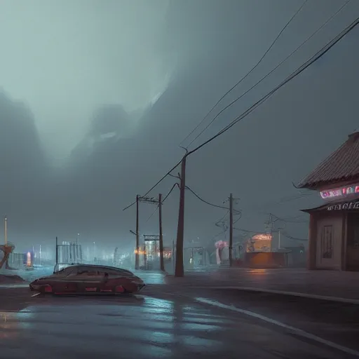 Image similar to silent Jember city, stormy overcast, octane render, cinematic, trending on artstation, elegant, intricate, style by Simon Stålenhag, 8k