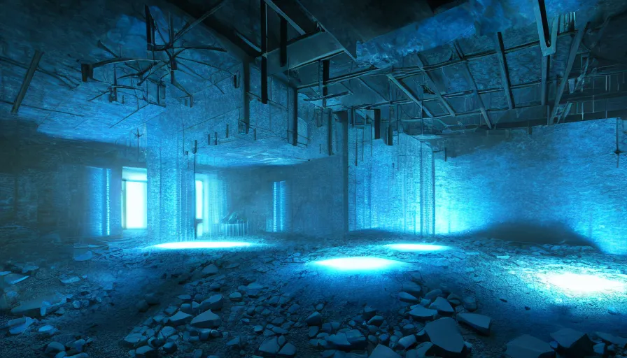 Image similar to Blue Glowing Gemstones in an abandoned old mine, Volumetric Lighting, Anamorpic Lens, Cinematic Lighting, Hyperrealistic Rendering, Hyperdetailed, Intricate Details, Dynamic Lights, Raytracing