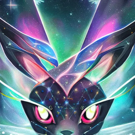 Prompt: geometric symmetrical sylveon with galaxy eyes in space, nebula in the background, intricate, elegant, highly detailed, digital painting, artstation, concept art, smooth, sharp focus, illustration, art by artgerm