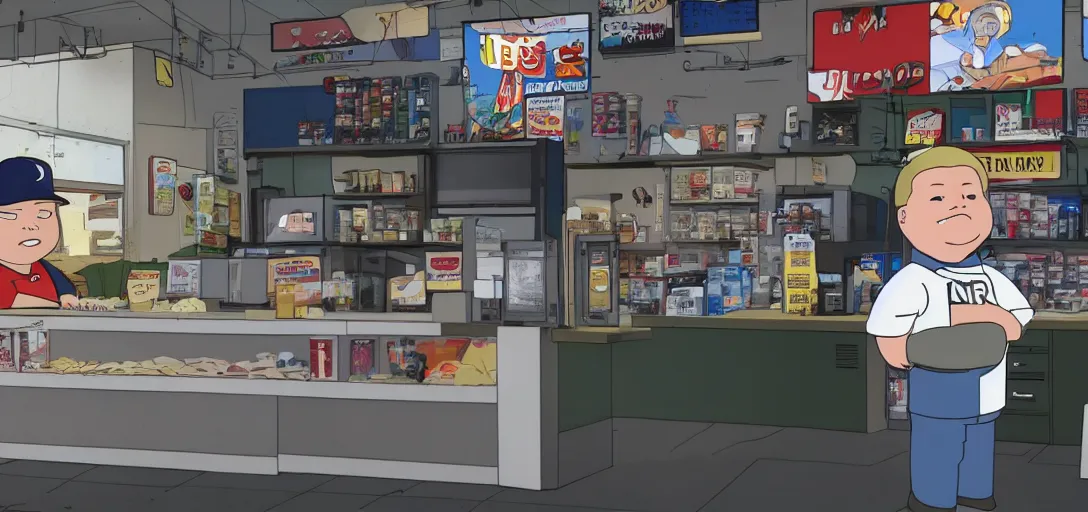 Prompt: bobby hill from king of the hill working behind the counter of a gas station, 8 k, hd, movie still