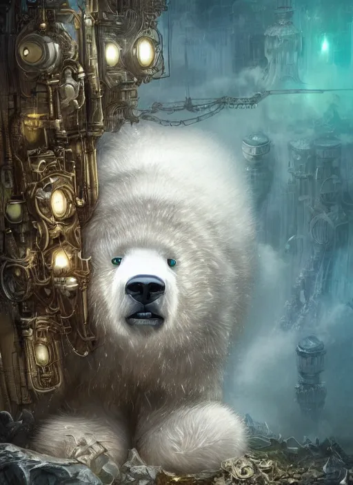 Image similar to white furry polar bear, steampunk googles, highly detailed, unreal engine 5, cinematic, 8 k, by megan duncanson, benjamin lacombe, adrian borda, stanley artgermm, tom bagshaw, craig mullins, carne griffiths, ayami kojima, beksinski, giger, trending on deviantart, hyper detailed, horror, full of colour