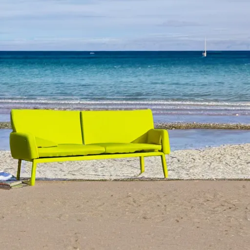 Image similar to photo of a chartreuse sofa on the beach