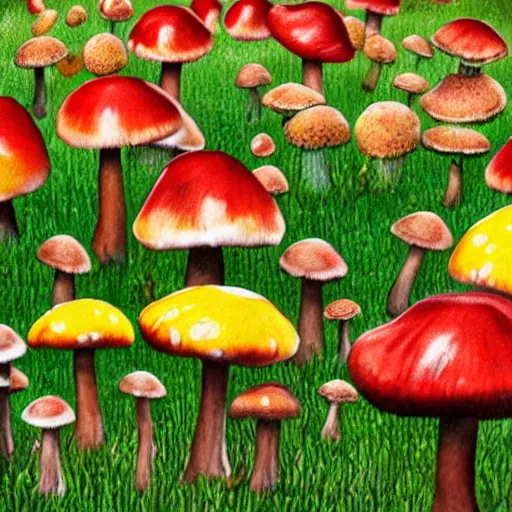 Image similar to field of colorful mushrooms, realistic, pretty