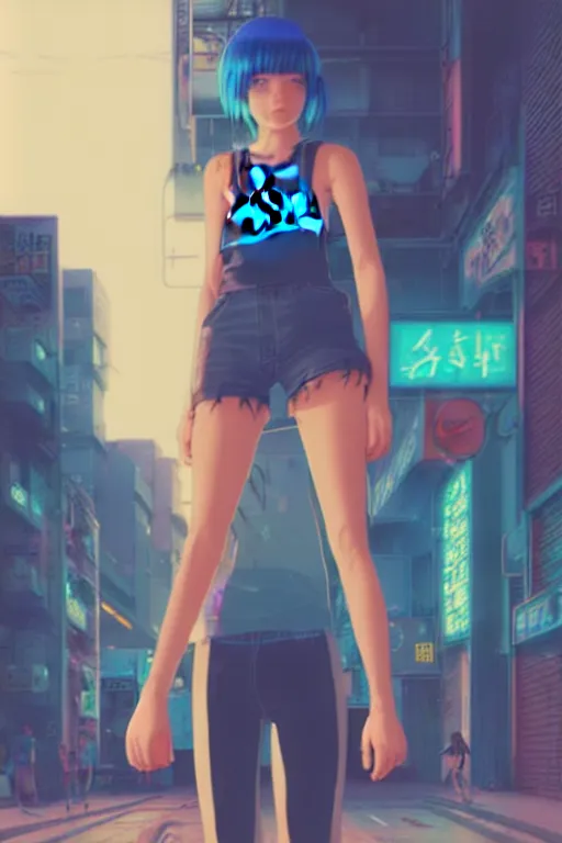 Image similar to digital illustration of cyberpunk pretty girl with blue hair, wearing a tank top and shorts, wearing nike air mags, full body pqkose, in city street at night, by makoto shinkai, ilya kuvshinov, lois van baarle, rossdraws, basquiat