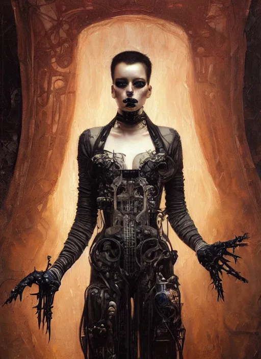 Image similar to highly detailed oil painting | very intricate | cinematic lighting | award - winning | cyberpunk goth fashion by alexander mcqueen | by roberto ferri, by tom bagshaw, by j. c. leyendecker and klimt, american romanticism, by austin osman spare, artstation, cgsociety, official art, octane